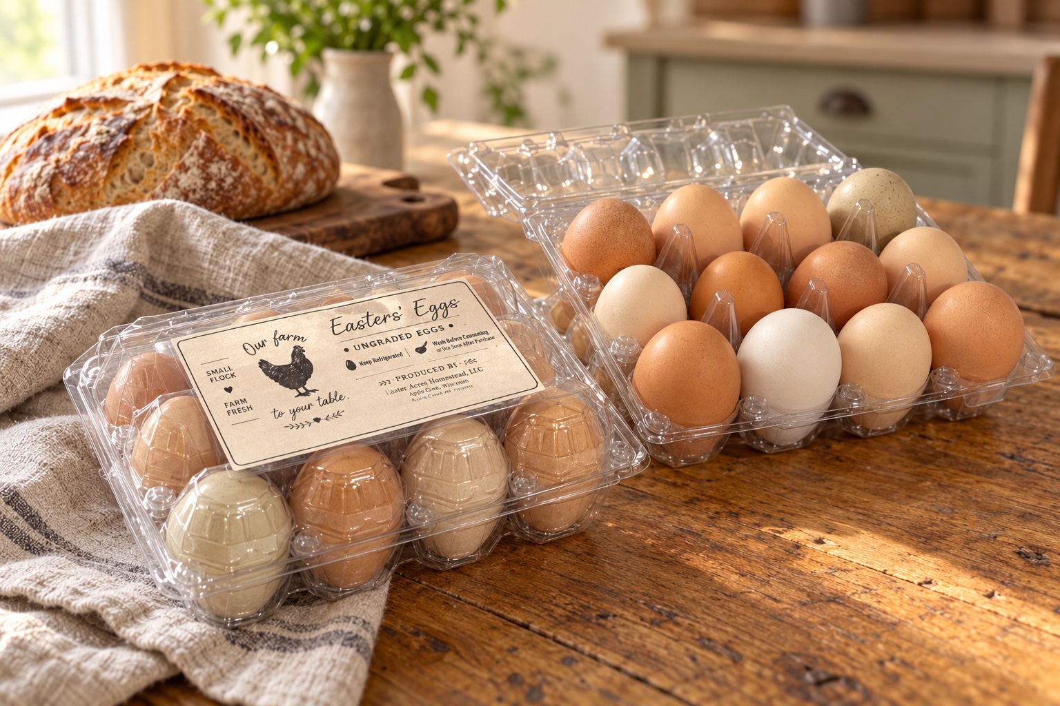 Easter's Eggs cartons with brown and cream eggs on a farmhouse table beside sourdough bread