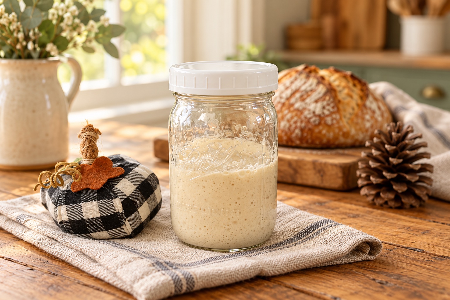 A jar of bubbly Easter Acres sourdough starter on a linen towel, with a gingham pumpkin and a loaf of bread