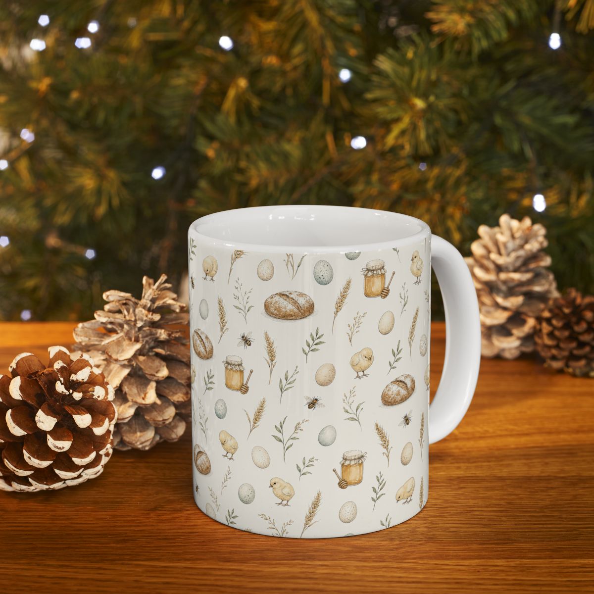 White ceramic mug with the Easter Acres bread, chicks, eggs and honey pattern