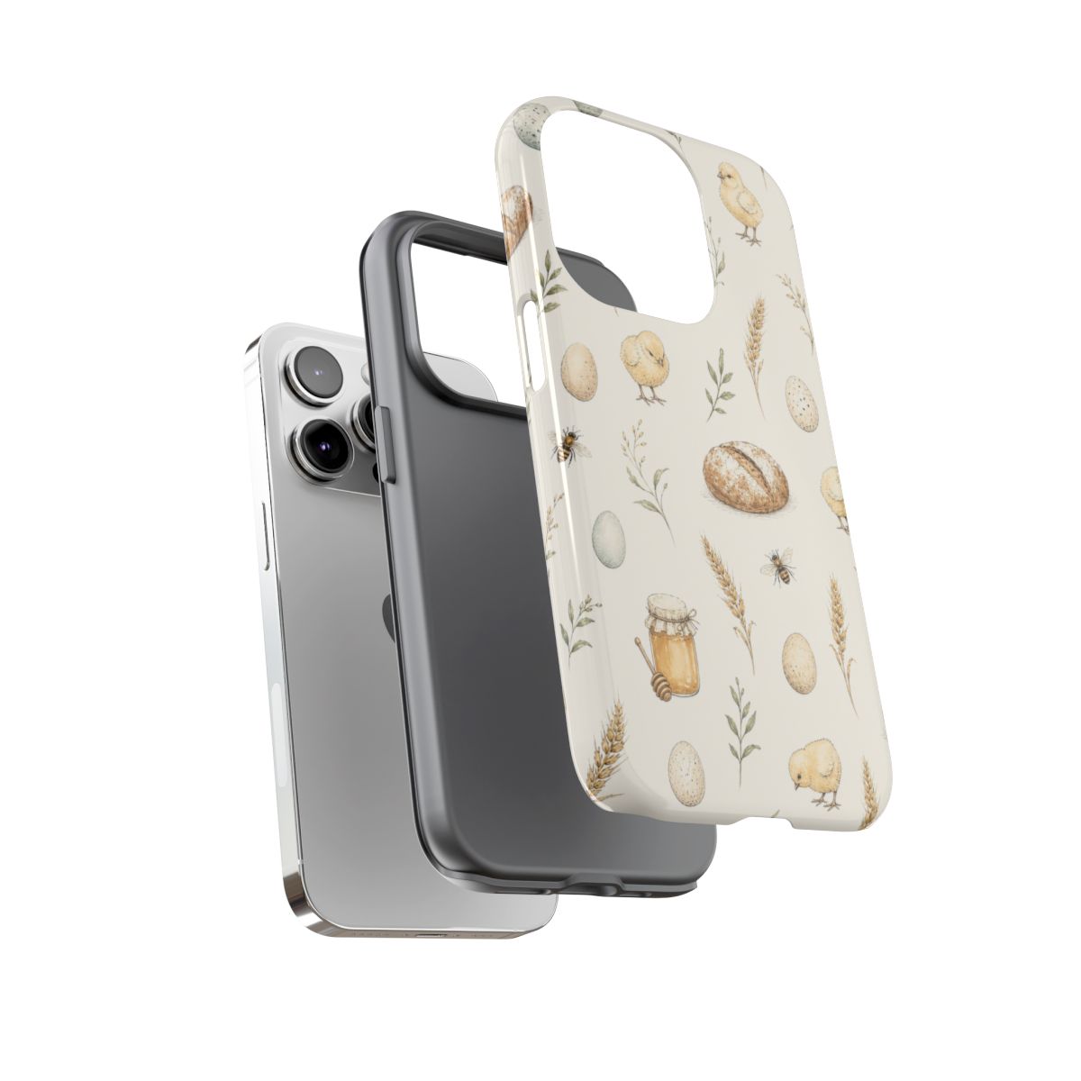 iPhone case featuring chicks, eggs, bread, honey and delicate green sprigs